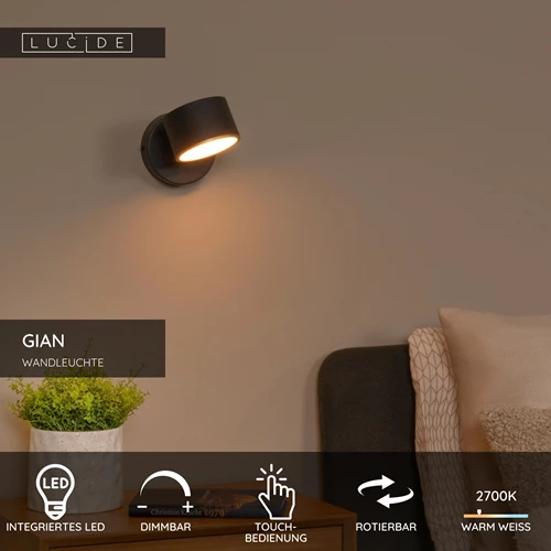 Lucide GIAN - Wandleuchte - LED Dim. - 1x9W 2700K - Schwarz - USP